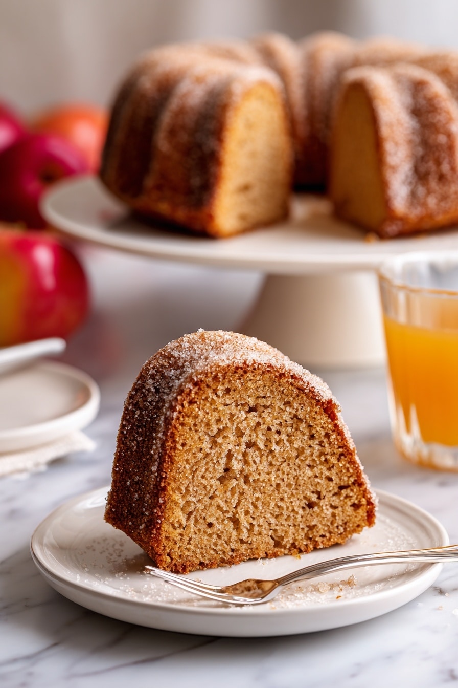 A thick slice of light brown cake with a rough, soft inside texture and a darker brown crust covered with coarse sugar sits on a white plate, with a fork resting beside it. In the background, the rest of the cake is on a white cake stand, showing the same sugar-coated crust and soft inside. A glass with orange liquid is partly visible to the side, and the setting is on a white marbled surface with some red apples blurred in the background. photo taken with an iphone --ar 2:3 --v 7 - Apple Cider Donut Cake, fall dessert recipes, apple cider cake, cinnamon nutmeg cake, cozy autumn desserts