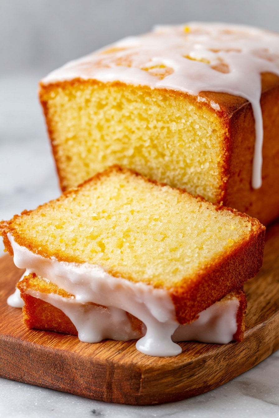 The image shows two slices of yellow pound cake stacked on a wooden board with a white marbled texture background partly visible. Each slice has a golden-brown crust around the edges with a shiny white glaze that drips slightly down the sides. The inside of the cake is soft and moist with a light, dense texture and a even yellow color. A larger, unsliced piece of pound cake is visible behind the two slices, showing the same golden crust and white glaze on top. Photo taken with an iphone --ar 2:3 --v 7 - Apple Cider Pound Cake with Cinnamon Glaze, fall dessert recipes, cozy autumn cakes, easy apple cider cake, cinnamon glaze pound cake