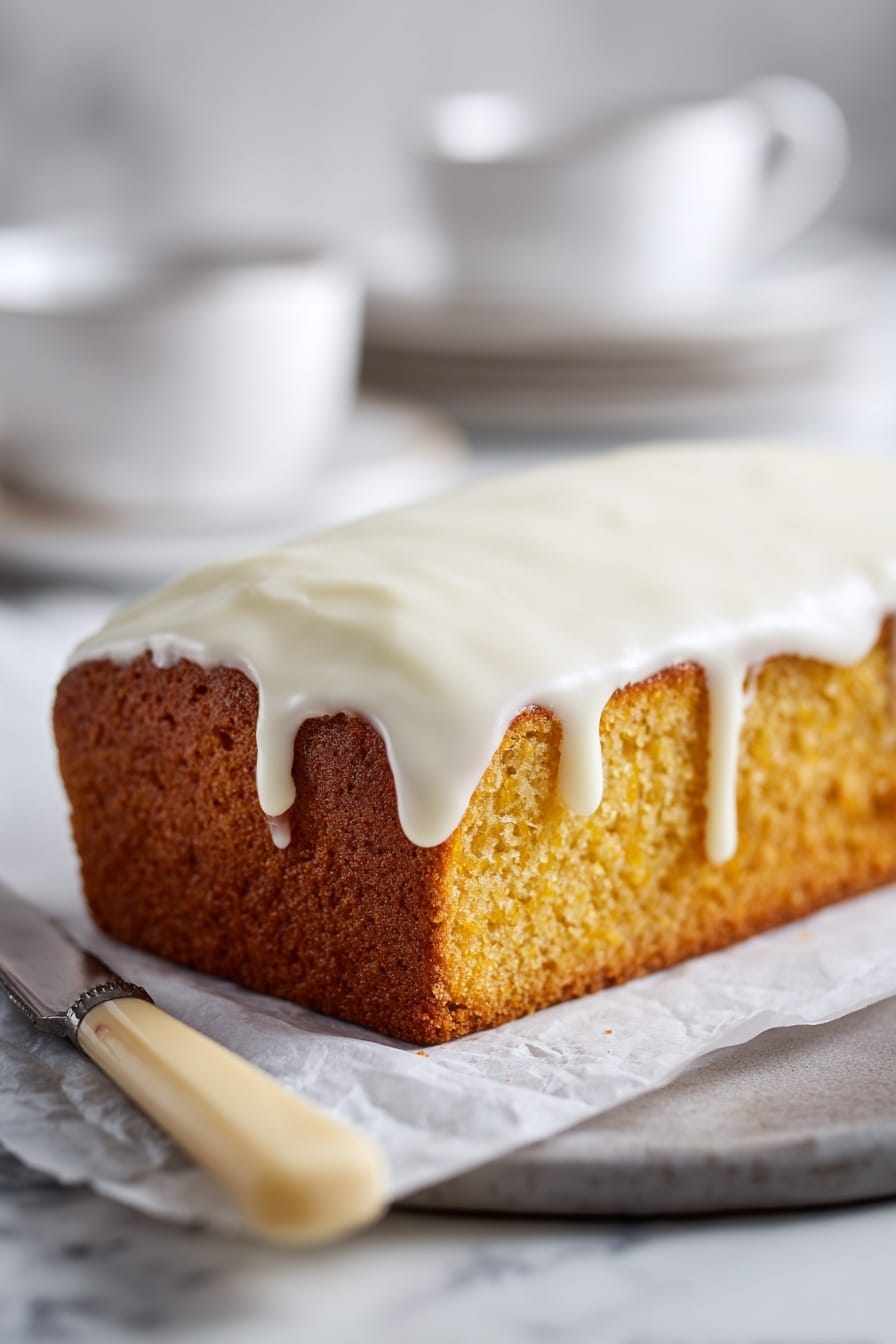 The image shows a single-layer loaf cake with a golden brown crumb and a coarse texture. The cake is topped with a smooth, thick white icing that gently drapes over the top and edges. It sits on a piece of white parchment paper placed on a gray tray with a subtle texture, and a knife with a beige handle rests beside it. The background is a soft, white marbled surface with out-of-focus white plates and a cup, creating a clean and minimal setting. Photo taken with an iphone --ar 2:3 --v 7 - Apple Spice Cake with Cinnamon Glaze, cinnamon apple cake, autumn spice dessert, moist apple cinnamon cake, easy fall cake