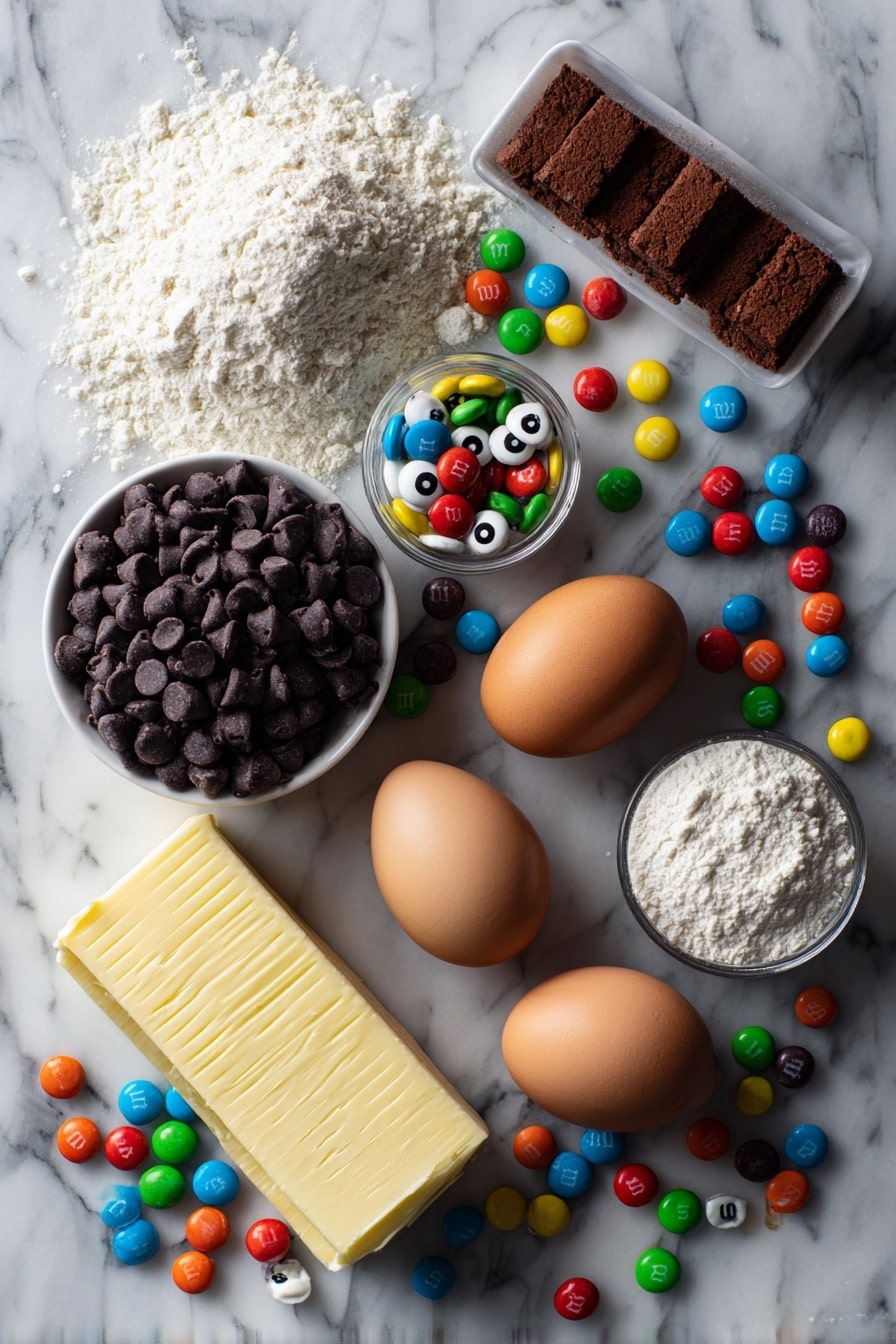 Flat lay of rich dark chocolate chips, smooth cocoa powder in a neat pile, a small mound of all-purpose flour, a few whole large brown eggs, a stick of pale unsalted butter, colorful Halloween M&M sprinkles, and bright candy eyeballs scattered artistically, placed on a white marble surface, photo taken with an iphone --ar 2:3 --v 7 - The Best Easy Halloween Brownies, Halloween Brownies Recipe, Festive Halloween Dessert, Fudgy Halloween Brownies, Easy Halloween Treats