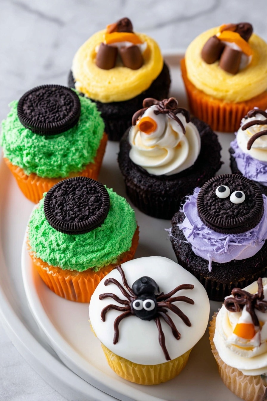 The image shows a white plate with a variety of decorated cupcakes on a white marbled surface. There are three types of cupcakes: one type has three layers of frosting - yellow bottom, orange middle, and white top with two brown candy pieces on the sides, giving a swirl effect; another type has a base layer of green frosting with a black cookie and a purple ring under a round chocolate piece on top; the last type has white frosting topped with a black cookie that has two big candy eyes and brown lines around it, resembling a spider. The cupcakes are arranged close together, showing their detailed decorations clearly. Photo taken with an iphone --ar 2:3 --v 7 - Halloween cupcake collection, Halloween themed decorated cupcakes, spooky Halloween cupcake ideas, Halloween party cupcakes, festive Halloween baking recipes