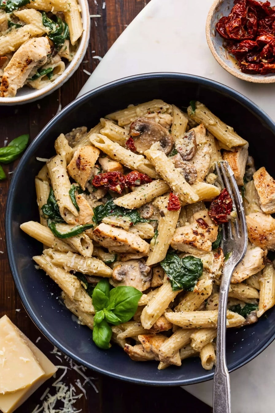 A dark blue round bowl filled with creamy penne pasta layered with grilled chicken pieces and sautéed mushrooms, mixed with green spinach leaves and topped with bits of sun-dried tomatoes scattered on top. The pasta is light beige and slightly creamy, the chicken pieces are light brown with a grilled texture, and the spinach leaves add a fresh green touch. A silver fork rests inside the bowl, with its top handle outside. Next to the bowl, there is a small white bowl with sun-dried tomatoes, some green basil leaves, and scattered cheese shavings on a white marbled surface. Photo taken with an iphone --ar 2:3 --v 7 - One Pot Italian Chicken Pasta, Italian chicken pasta, easy one pot pasta, creamy chicken pasta, quick weeknight dinner