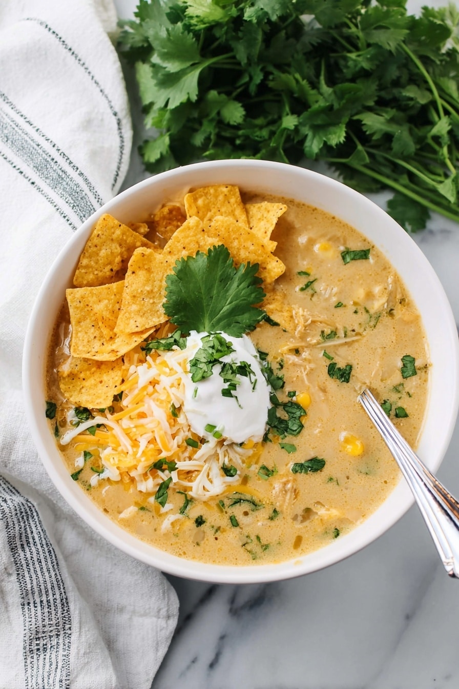 A white bowl filled with creamy light tan soup that has green herbs mixed inside. On top of the soup, there are three distinct layers: at the back, a pile of broken yellow corn chips; in the middle, a small dollop of white sour cream with green chopped herbs on it; in front, a mix of shredded orange and white cheese. A single large green cilantro leaf sits on top of the cheese near the corn chips. A silver spoon rests inside the bowl on the right side. The bowl is on a white marbled surface with a bunch of fresh green cilantro leaves nearby and a white cloth with thin gray stripes on the left side. photo taken with an iphone --ar 2:3 --v 7 - Green Chile Chicken Enchilada Soup, southwest chicken soup, creamy green chili soup, easy enchilada soup, hearty chicken and bean soup