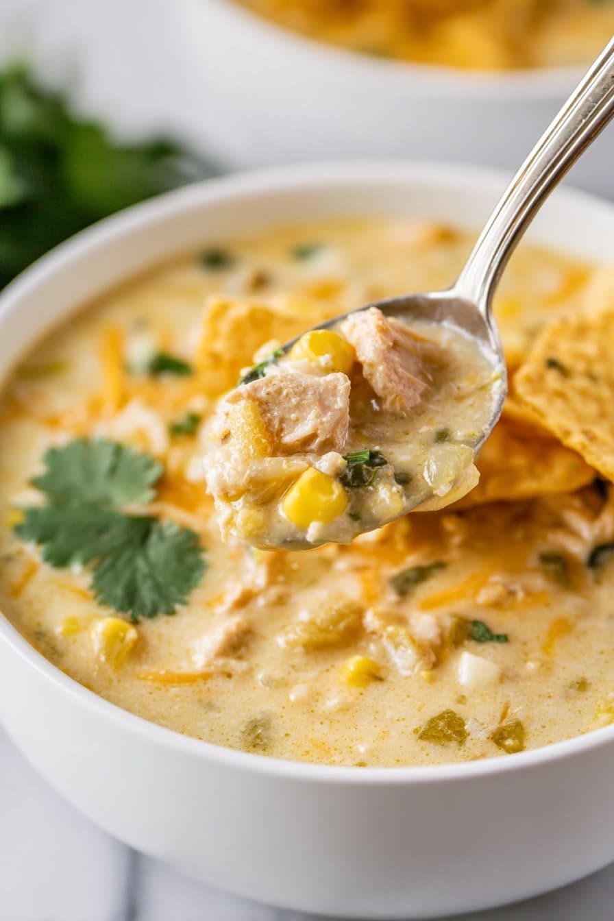 A close-up image of a creamy soup in a white bowl, showing one spoon lifted with a scoop of the thick soup. The soup has visible layers including light yellow cream, chunks of white meat, yellow corn kernels, bits of green herbs, and melted orange cheese. In the background, more of the soup fills the bowl, topped with crispy, folded tortilla chips and a fresh green cilantro leaf on the side. The bowl sits on a white marbled surface. Photo taken with an iphone --ar 2:3 --v 7 - Green Chile Chicken Enchilada Soup, southwest chicken soup, creamy green chili soup, easy enchilada soup, hearty chicken and bean soup
