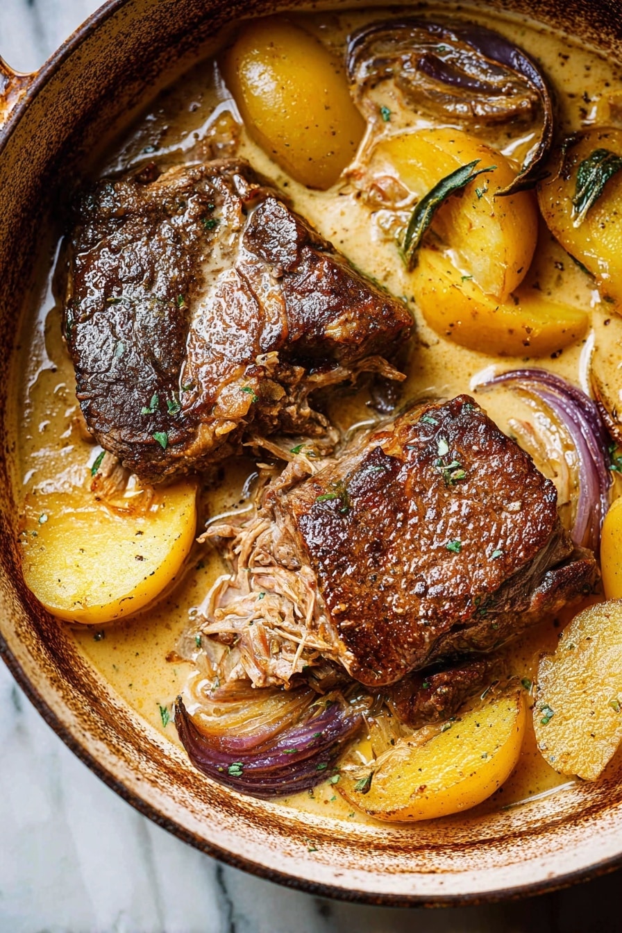 The image shows a white pot filled with a rich, creamy light brown sauce. Inside the sauce, there are two large tender pieces of browned meat with crispy edges and visible texture from shredding. Scattered around the meat are sliced pale yellow potatoes and soft purple onion slices, all soaking in the sauce. The inside edge of the pot is slightly browned from cooking. The dish looks warm, hearty, and comforting on a white marbled surface. photo taken with an iphone --ar 2:3 --v 7 - Apple Cider Braised Pork Shoulder, fall comfort pork dishes, tender pork shoulder recipes, autumn pork slow cooker, cozy pork shoulder meal