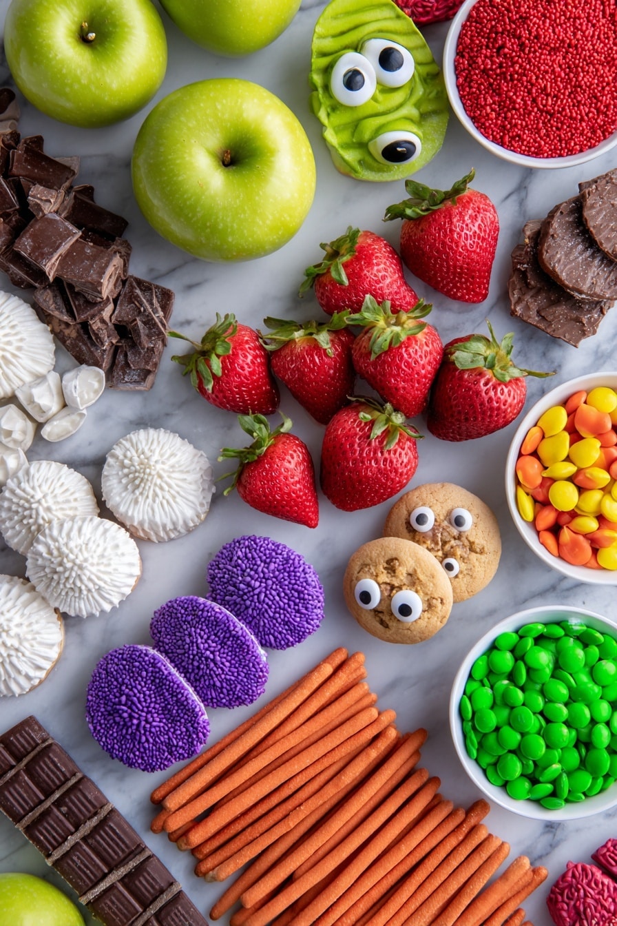 Flat lay of bright red strawberries, green apples with stems removed, sugar cookies, large candy eyes, colorful mini yellow M&Ms, chocolate-covered strawberries, vibrant white, orange, purple, and green icing in small dollops, and chocolate Twizzlers and Pocky sticks, all neatly arranged in a balanced and colorful composition placed on a white marble surface, photo taken with an iphone --ar 2:3 --v 7 - Halloween Witch Apples Apple Halloween Treat Spooky Halloween Snacks Halloween Party Ideas