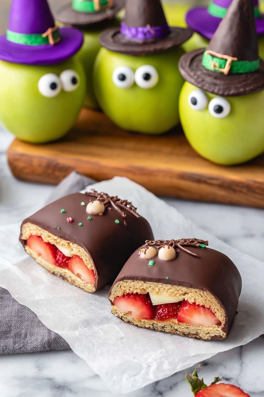 The image shows two chocolate-coated cookies cut in half and placed on white parchment paper, revealing a thick layer of red strawberry and white creamy filling on top of a light brown cookie base, all covered with smooth dark chocolate. Behind the cookies, there are playful green apples decorated as mini witches, each with large white and black eyes, and topped with small witch hats made of brown chocolate with purple icing and green sprinkles. The apples sit on a wooden board against a white marbled surface. Photo taken with an iphone --ar 2:3 --v 7 - Halloween Witch Apples Apple Halloween Treat Spooky Halloween Snacks Halloween Party Ideas