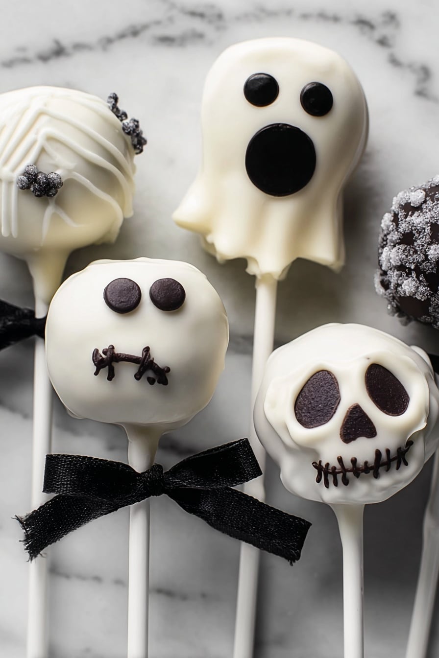 The image shows several Halloween-themed cake pops with white coatings on white sticks. One cake pop is shaped like a ghost, coated in smooth white chocolate with two round white candy eyes with black dots and an open black mouth made of dark chocolate. Another cake pop resembles a skull, covered in white chocolate with dark chocolate detailing for angry eyes, two small nostrils, and a stitched smile. This skull cake pop has a black ribbon tied into a small bow near the stick. The background is a white marbled texture that highlights the spooky treats. photo taken with an iphone --ar 2:3 --v 7 - Halloween Cake Pops, Halloween Cake Pops Recipe, spooky cake pops for Halloween, easy Halloween cake treats, Halloween party desserts