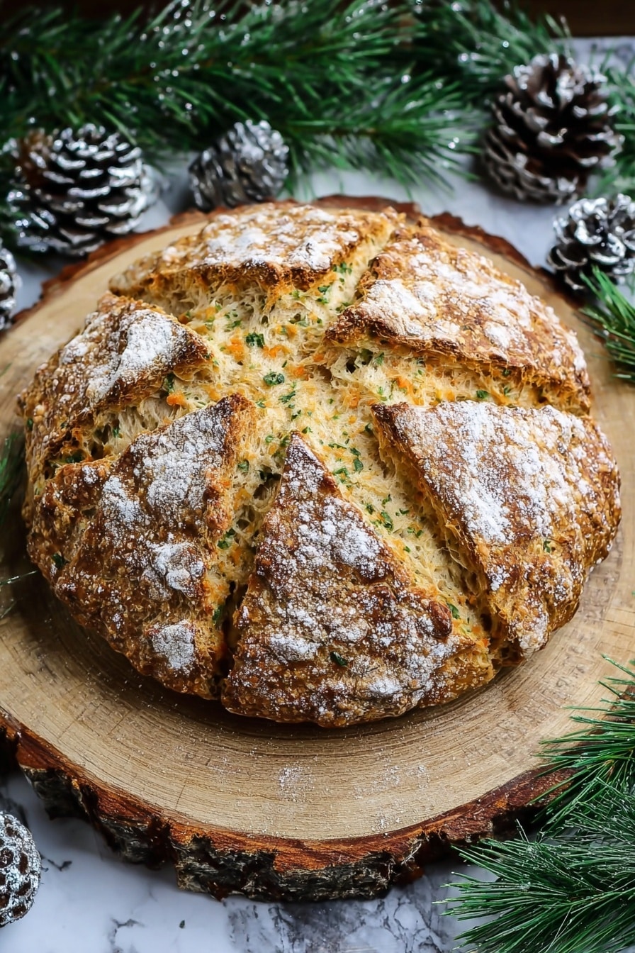 A round, rustic loaf of bread with a golden brown, rough crust, lightly dusted with white flour, sits on a circular wooden board made from a tree slice showing bark edges. The bread is scored into six large triangular segments, revealing a textured interior with visible bits of green herbs and specks of orange cheese. The surface looks crunchy and uneven with some cracked areas. Around the board, there are green pine branches and frosted pine cones adding a festive feel. The whole scene is set on a white marbled texture. photo taken with an iphone --ar 2:3 --v 7 - Cheddar and Herb Soda Bread, easy soda bread recipe, homemade savory bread, quick bread with herbs and cheese, rustic herb bread