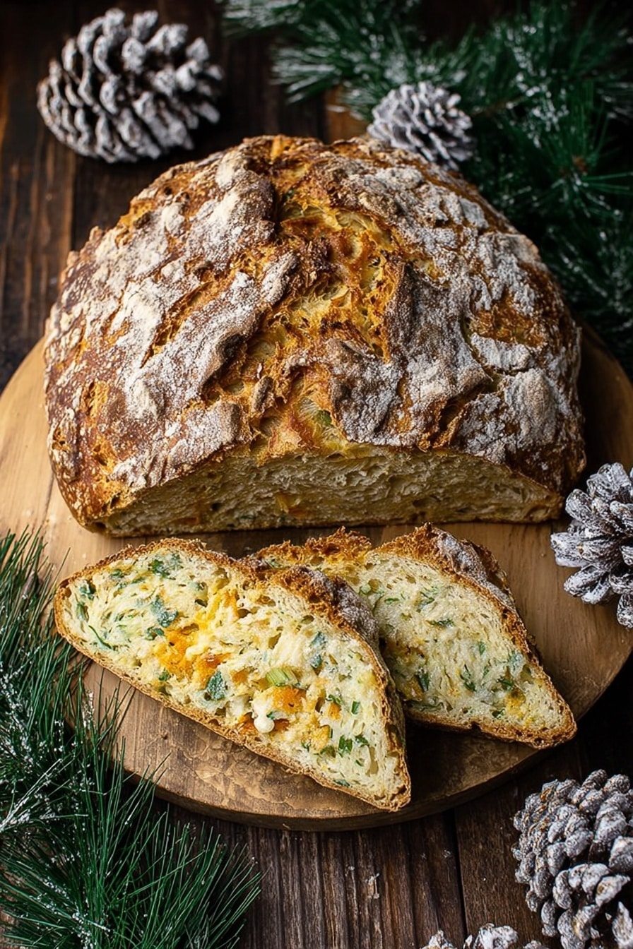 A round loaf of bread with a rough, golden-brown crust dusted with flour sits on a wooden round board. The bread's crust has deep cracks showing a soft inside filled with bits of green herbs and orange cheese. Two slices are placed in front of the loaf, showing the textured inside with visible herbs and cheese pieces. Around the board are green pine branches and large pinecones with white frosty tips, all on a dark wooden surface. photo taken with an iphone --ar 2:3 --v 7 - Cheddar and Herb Soda Bread, easy soda bread recipe, homemade savory bread, quick bread with herbs and cheese, rustic herb bread