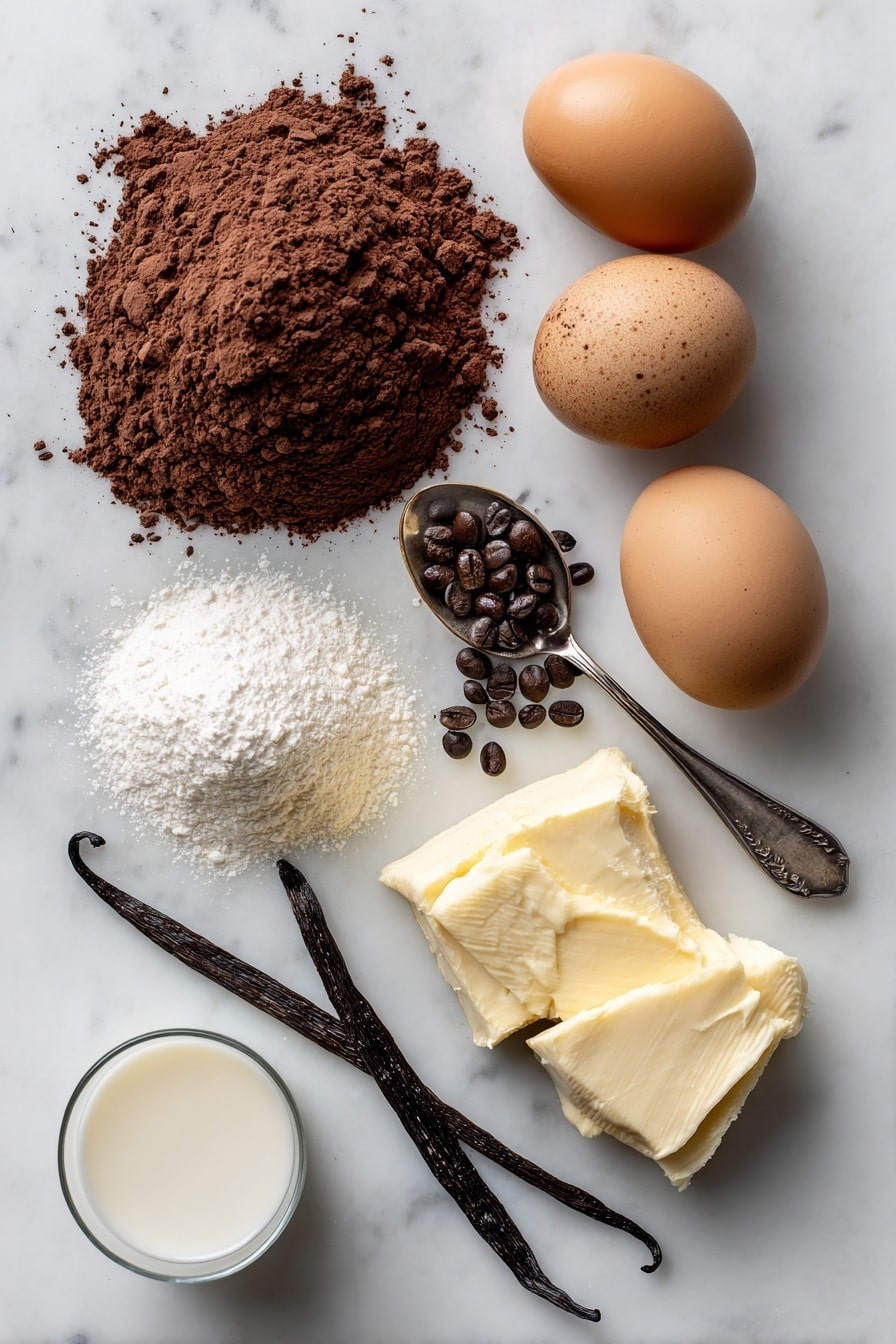 Flat lay of rich unsweetened cocoa powder in a small heap, glossy melted unsalted butter pooled gently, a small pile of granulated sugar crystals catching the light, two large brown eggs with smooth shells, a teaspoon of dark instant coffee granules next to a small amount of dissolved coffee in water, soft creamy butter softened to a spreadable texture, a mound of fine powdered sugar dusted lightly, a fresh vanilla bean pod split open showing tiny seeds, and a small glass of milk, all beautifully arranged on a white marble surface, photo taken with an iphone --ar 2:3 --v 7 - Frosted Coffee Brownies, coffee-flavored brownies, chocolate coffee dessert, easy coffee brownies, chocolate brownie recipes