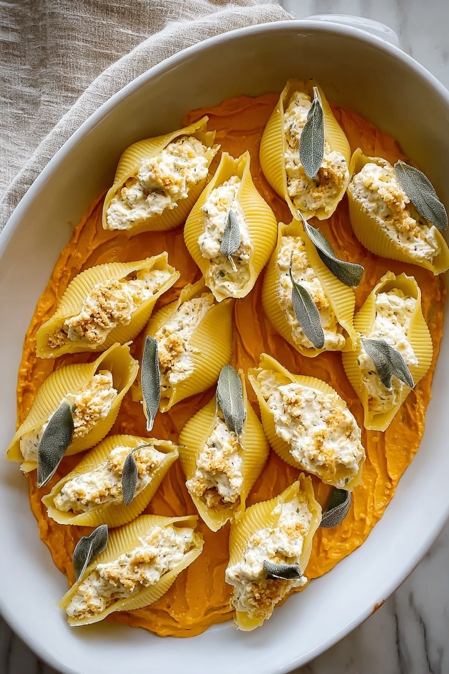 A white oval dish holds 15 large yellow pasta shells arranged in layers. Each shell is filled with a creamy white cheese mixture that has a slightly crumbly texture, placed on top of a thick smooth orange sauce spread evenly on the base of the dish. Scattered fresh grayish-green sage leaves are placed on the shells and sauce as a garnish. The dish sits on a white marbled surface with a piece of light beige cloth partially visible at the top left corner. photo taken with an iphone --ar 2:3 --v 7 - Creamy Pumpkin Ricotta Stuffed Shells, Pumpkin Pasta Recipes, Autumn Vegetarian Pasta, Cozy Fall Pasta Dishes, Holiday Vegetarian Dinner