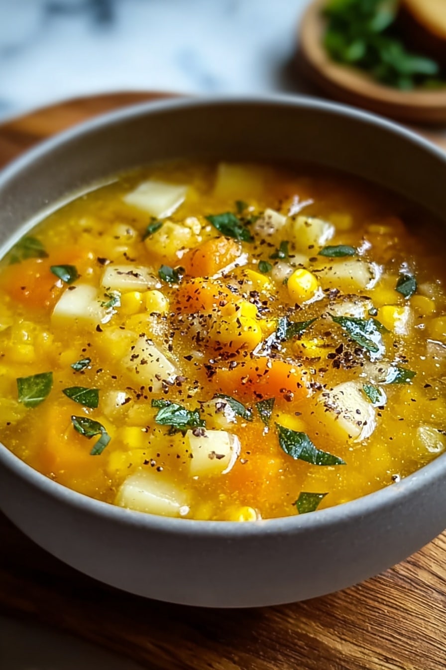 A grey bowl filled with yellow soup sits on a wooden board over a white marbled surface. The soup contains small cubes of white and orange vegetables, visible corn kernels, and some chopped green herbs sprinkled on top. Black pepper flakes are spread over the surface, adding texture. The broth looks clear with a slight orange tint and some visible oil droplets shining on top. Photo taken with an iphone --ar 2:3 --v 7 - Comforting Italian Penicillin Soup, Italian vegetable soup, healthy Italian soup, cozy vegetable soup, lemon herb Italian soup