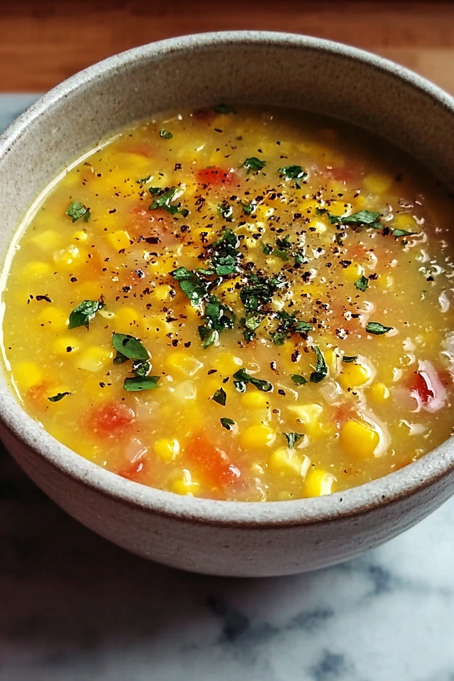 A light grey speckled bowl filled with a yellow corn soup that has visible kernels of corn, small bits of red tomato, and translucent diced onions scattered through the thick broth. Small green herb leaves and black pepper are sprinkled on top, adding texture and color contrast. The bowl sits on a white marbled surface. photo taken with an iphone --ar 2:3 --v 7 - Comforting Italian Penicillin Soup, Italian vegetable soup, healthy Italian soup, cozy vegetable soup, lemon herb Italian soup
