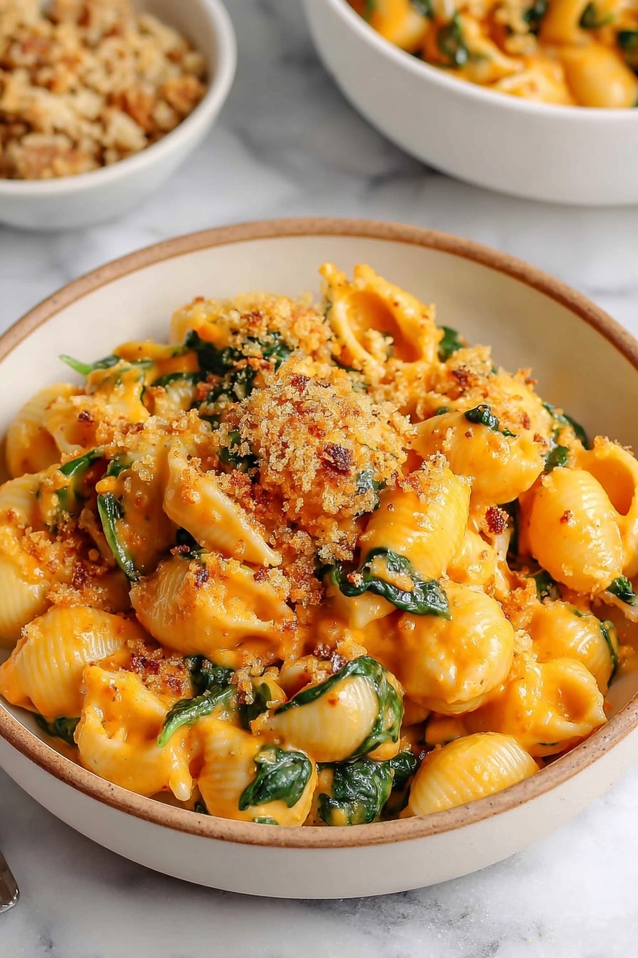 The image shows a bowl of pasta shells covered in creamy orange cheese sauce with small green spinach leaves mixed throughout. The pasta has a soft, smooth texture with a few pieces carrying a crisp golden brown sprinkled topping, likely breadcrumbs, adding crunch. The bowl is white with a light brown rim, and it sits on a white marbled surface. In the background, there is another white bowl filled with a crumble topping and a partial view of a similar bowl of pasta. The overall look is warm and inviting with bright colors from the cheese and spinach, perfect comfort food. photo taken with an iphone --ar 2:3 --v 7 - Creamy Vegan Pumpkin Mac and Cheese, vegan pumpkin mac and cheese, plant-based pumpkin mac and cheese, dairy-free pumpkin mac and cheese, vegan fall comfort foods