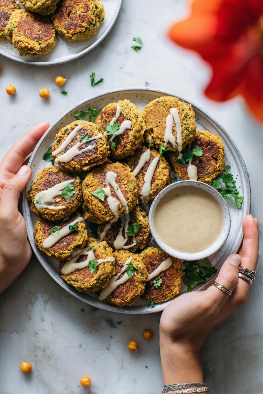 A white plate holds about fifteen golden-brown falafel patties arranged in a circular shape, each patty showing a slightly rough texture with some browned spots. Light beige creamy sauce is drizzled over the falafels in thin lines, and small fresh green parsley leaves are scattered on top, adding color contrast. On the right side of the plate, a small white bowl filled with the same creamy sauce rests. Two woman's hands gently hold the plate from both sides. The plate is set on a white marbled surface with scattered chickpeas and another white plate with falafels in the background, along with a blurred red flower in the foreground. photo taken with an iphone --ar 2:3 --v 7 - Easy Pumpkin Chickpea Fritters, vegan gluten-free fritters, healthy pumpkin chickpea bites, quick vegan snacks, plant-based pumpkin fritters