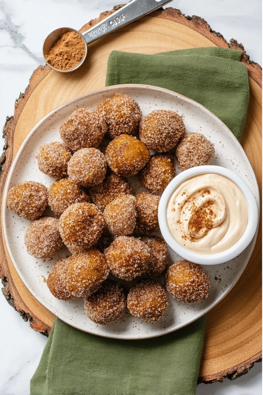 A white plate with light brown speckles holds about 20 round balls coated in a crumbly mixture of cinnamon and sugar, each ball having a rough texture and golden brown color underneath. To the top right of the plate, there is a small white bowl filled with a smooth, creamy dip topped with a sprinkle of cinnamon. The plate rests on a green cloth napkin, which is placed on a round wooden board with natural bark edges. A metal measuring spoon with cinnamon powder inside sits at the top of the image. The background surface is white marbled texture. photo taken with an iphone --ar 2:3 --v 7 - Pumpkin Spice Pretzel Bites with Cream Cheese Dipping Sauce, fall snack recipes, pumpkin spice treats, easy pretzel bites, vegan appetizer ideas