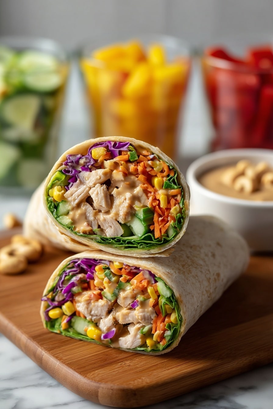 A close-up view of a wrap cut in half, stacked with one half on top of the other, placed on a white marbled surface. The wrap is light brown with slightly toasted spots on the outside. Inside, the first layer shows shredded light brown chicken mixed with a creamy, pale orange sauce. Above the chicken, there is a fresh mix of green leafy lettuce and purple cabbage strips, followed by diced red bell pepper, thin orange carrot sticks, and small cucumber pieces, all vibrant and fresh. The overall textures contrast between soft chicken, crunchy veggies, and the soft wrap holding them together. Photo taken with an iphone --ar 2:3 --v 7 - Thai Peanut Chicken Wraps, Thai Chicken Wraps, Peanut Chicken Wraps, Quick Thai Wraps, Healthy Chicken Wraps