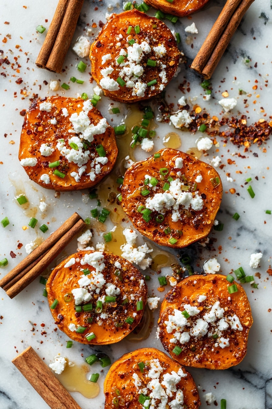 The image shows many round slices of cooked sweet potato arranged closely on a white plate. Each slice has a bright orange center with some pieces having darker, slightly blackened edges and grill marks. Small white crumbles of cheese are scattered on top of the sweet potato slices, along with bits of green herbs. A light golden syrup or glaze is drizzled over the dish, giving it a shiny look. The plate rests on a white marbled surface. photo taken with an iphone --ar 2:3 --v 7 - Roasted Sweet Potatoes with Honey and Feta, sweet potato side dish, honey feta roasted sweet potatoes, healthy roasted sweet potato recipes, easy sweet potato snack
