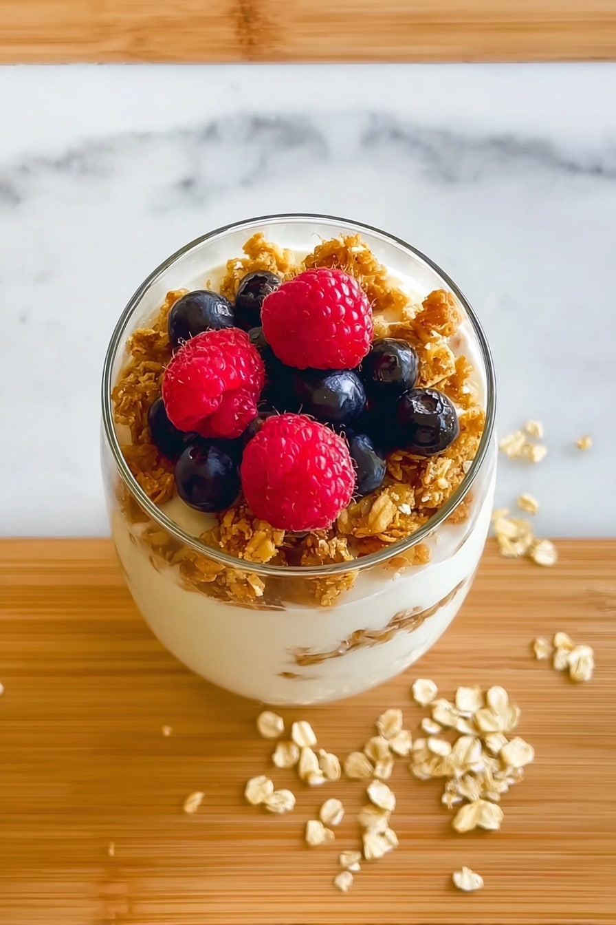 A clear glass filled with three layers: the bottom layer is white yogurt, the middle layer is golden-brown granola with a crunchy texture, and the top layer is a mix of dark blueberries and three bright red raspberries placed on top. The glass sits on a white marbled surface with some oats scattered around. Photo taken with an iphone --ar 2:3 --v 7 - Beautiful Berry Patriotic Vegan Yogurt Parfait, patriotic vegan yogurt parfait, quick vegan fruit parfait, healthy berry breakfast, 5-minute vegan parfait