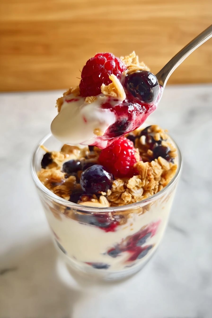 A clear glass cup holds a creamy dessert layered with white yogurt, bright red raspberries, dark blue blueberries, and light brown granola pieces. The dessert is shown up-close on a silver spoon, lifting a mix of yogurt, berries, and granola above the cup. The wooden table underneath is replaced with a smooth white marbled texture. The yogurt is thick and slightly glossy, with the berries adding bursts of red and blue, and the granola providing a crunchy texture on top and within the layers. photo taken with an iphone --ar 2:3 --v 7 - Beautiful Berry Patriotic Vegan Yogurt Parfait, patriotic vegan yogurt parfait, quick vegan fruit parfait, healthy berry breakfast, 5-minute vegan parfait