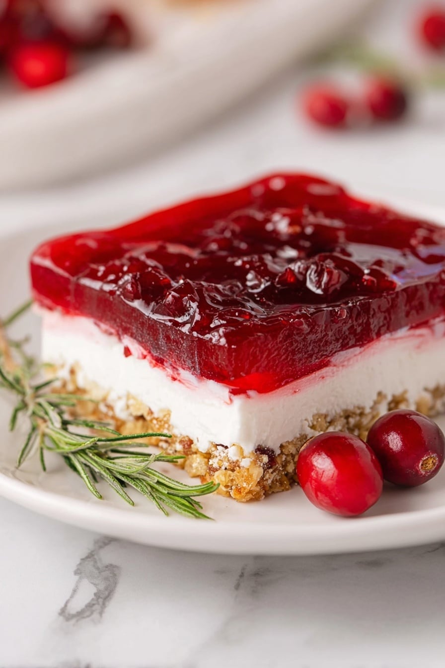 A square dessert bar is shown on a white plate, resting on a white marbled surface. The dessert has three clear layers: the bottom layer is a golden, crumbly crust with visible pieces of nuts; the middle layer is thick, smooth, and white, looking like cream cheese or whipped filling; the top layer is a glossy, deep red gelatin with bits of fruit inside, giving it a shiny texture. Three bright red cranberries and a small sprig of fresh green rosemary decorate the plate beside the dessert. Photo taken with an iphone --ar 2:3 --v 7 - Cranberry Pretzel Salad, Cranberry Pretzel Salad how to make, holiday cranberry pretzel dessert, easy cranberry pretzel dessert, salty and sweet pretzel salad