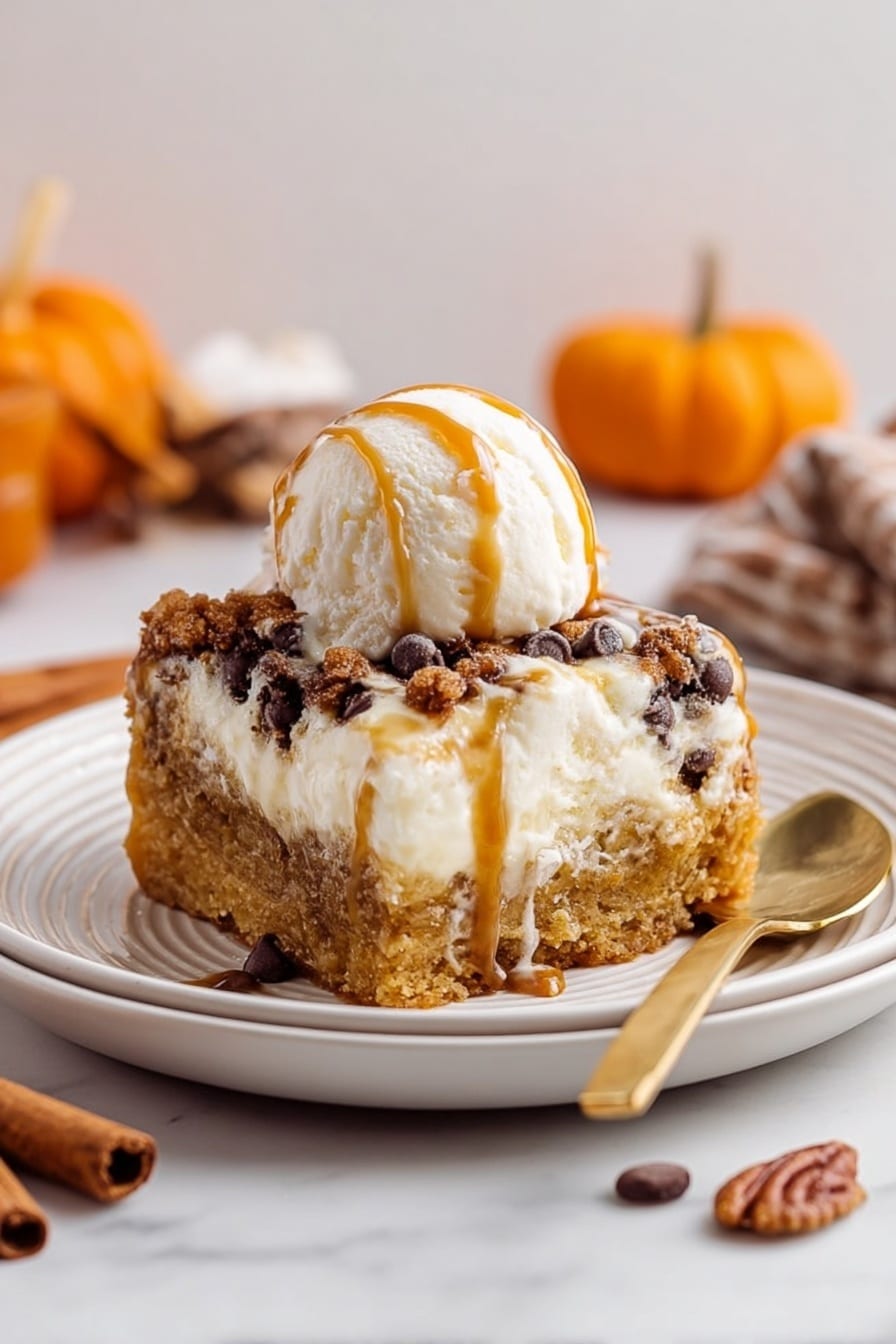 A thick square piece of cake sits on a white plate with light ridges. The cake has three visible layers: a moist golden brown bottom layer with a crumbly texture, a creamy white middle layer with a smooth surface, and a top layer studded with melty chocolate chips. On top of the cake is a round scoop of white ice cream, drizzled with light brown caramel sauce that also flows down the sides of the cake. A gold spoon rests on the plate to the right. The scene is set on a white marbled surface with a few cinnamon sticks and a small pumpkin nearby, adding warm, cozy vibes. Photo taken with an iphone --ar 2:3 --v 7 - Pumpkin Earthquake Cake, fall dessert, pumpkin cheesecake cake, spiced pumpkin cake, easy fall dessert