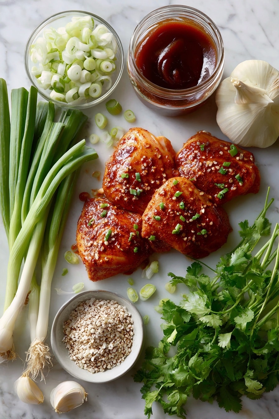 Flat lay of boneless chicken thighs seasoned with smoked paprika and garlic powder, a small jar of glossy honey, a bowl of rich barbecue sauce, fresh diced white onion, cloves of peeled garlic, green onions sliced thinly, a sprinkle of white sesame seeds, and vibrant fresh cilantro leaves arranged beautifully on a white marble surface, photo taken with an iphone --ar 2:3 --v 7 - Honey BBQ Chicken Thighs, Honey BBQ Chicken, Chicken and Rice Dinner, Easy BBQ Chicken Recipe, Juicy Chicken with Honey BBQ Sauce