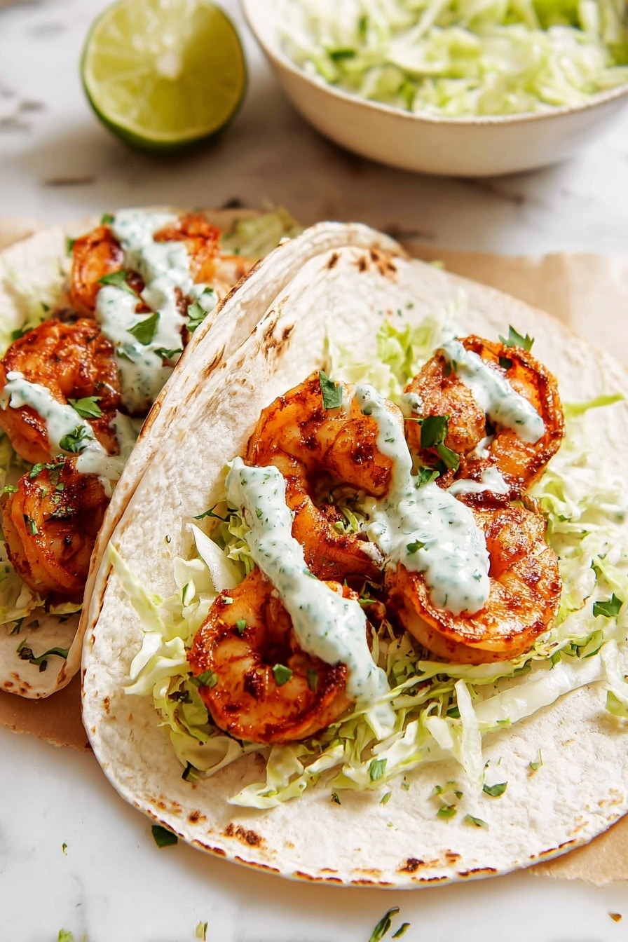 The image shows two tacos on a white flour tortilla, each folded to hold three large, orange-brown cooked shrimp with a slight char. Beneath the shrimp, there is a layer of pale green shredded cabbage mixed with chopped herbs. On top of the shrimp, there are dollops of creamy white sauce with green herb specks. A wedge of lime is placed in the background on a white marbled surface, along with a white bowl containing more shredded cabbage. The scene is bright and natural. Photo taken with an iphone --ar 2:3 --v 7 - Blackened Shrimp Tacos with Cilantro Lime Slaw, shrimp tacos recipe, spicy shrimp tacos, easy seafood tacos, healthy taco ideas