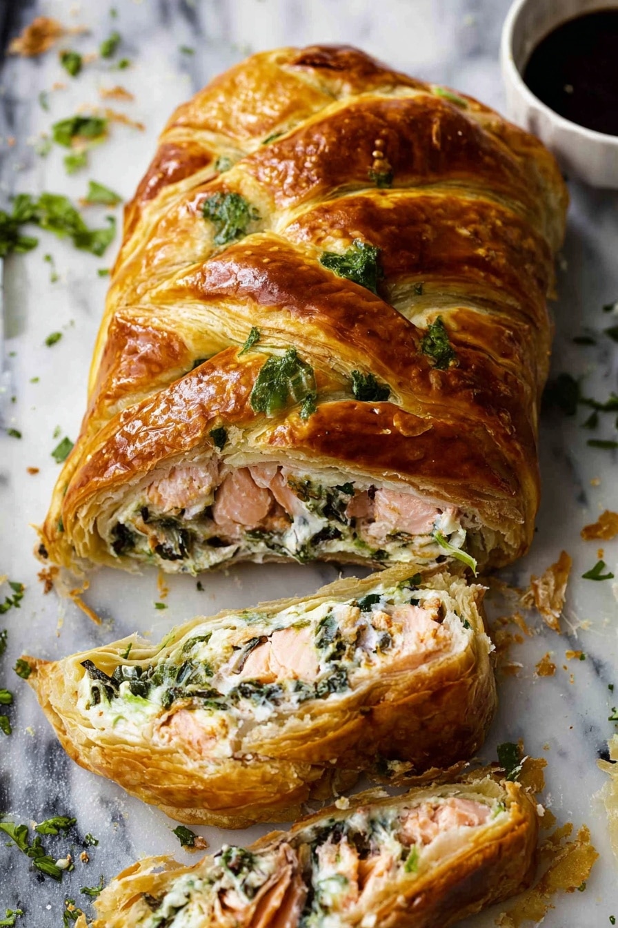 The image shows a golden brown puff pastry with shiny, flaky layers. The pastry is braided on top and sprinkled with green parsley pieces. Inside, there are thick layers of pink cooked salmon and creamy white cheese mixed with green herbs. The pastry is resting on a white marbled surface with some crumbs and parsley bits scattered around. In the top right corner, there is a glimpse of a white bowl holding a dark sauce. photo taken with an iphone --ar 2:3 --v 7 - Salmon Wellington with Spinach and Mozzarella, Salmon Wellington, easy Salmon Wellington recipe, puff pastry salmon dish, gourmet Salmon Wellington
