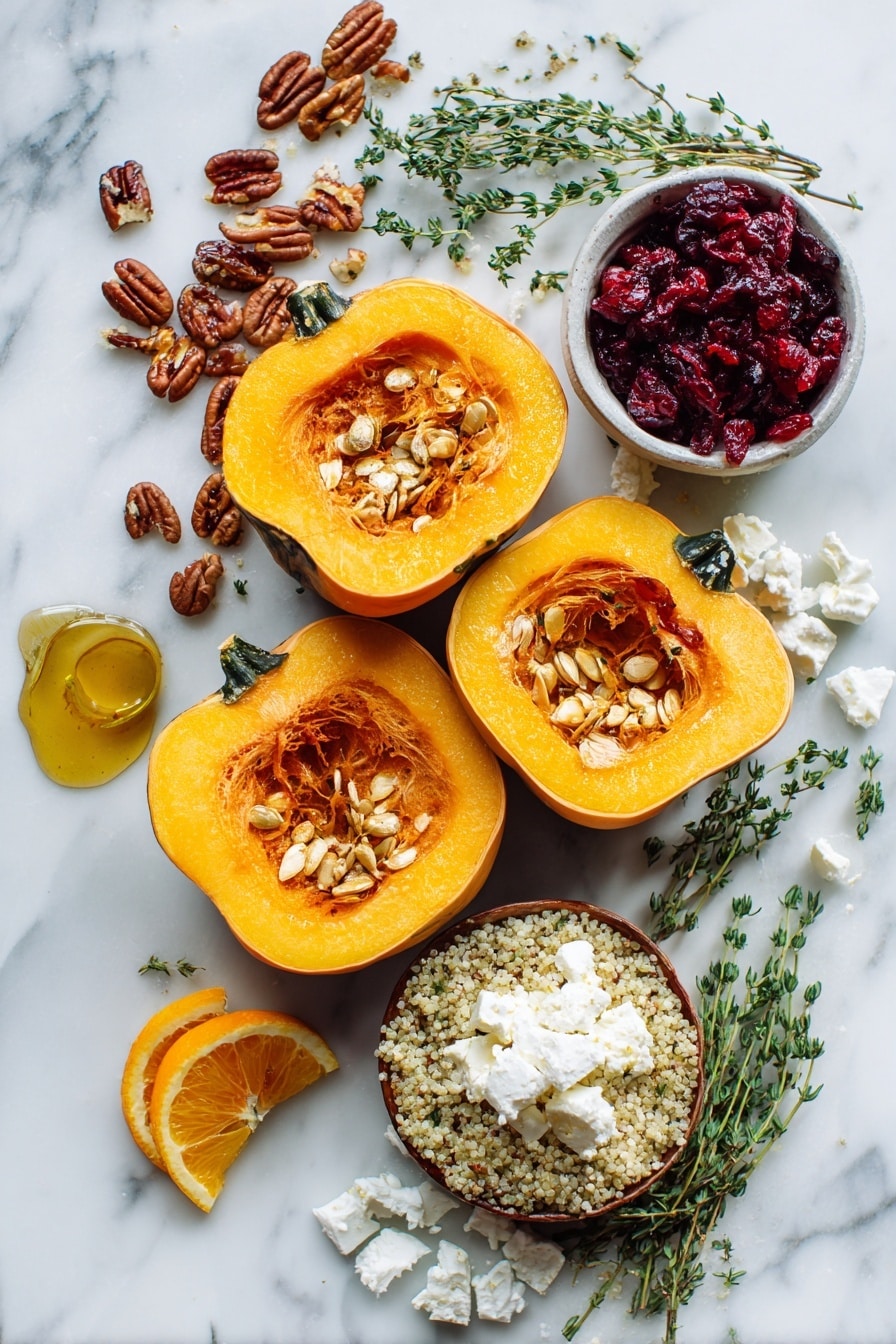 Flat lay of vibrant halved acorn squash with deep orange flesh, bright red dried cranberries, golden toasted pecan halves, fluffy quinoa grains, creamy white goat cheese crumbles, fresh green thyme leaves, bright orange slices and zest, and a small drizzle of golden honey, all beautifully arranged on a white marble surface, photo taken with an iphone --ar 2:3 --v 7 - Cranberry Pecan Quinoa Stuffed Acorn Squash, Stuffed Acorn Squash recipes, fall vegetarian main dishes, gluten-free squash recipes, festive holiday vegan dishes