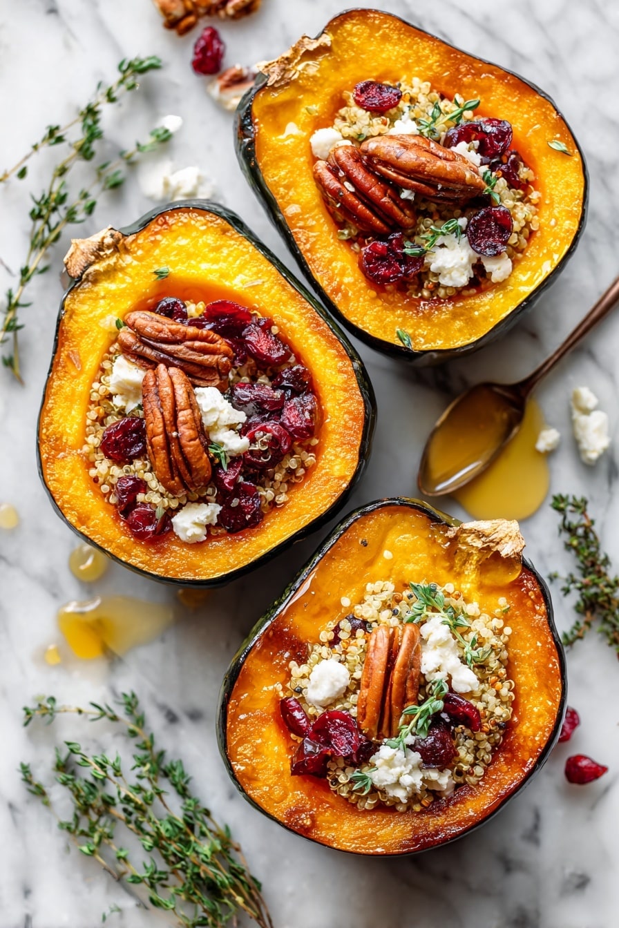 The image shows four roasted acorn squash halves placed on a white marbled surface, each filled with a yellow quinoa mixture mixed with small red dried cranberries and brown pecan pieces. The squash skin is dark green and slightly wrinkled, while the cooked flesh inside is a soft brown color. A white sauce is drizzled over the top of the quinoa mixture in thick lines, adding light contrast. Around the squash, small green sprigs of fresh herbs are scattered on the surface, enhancing the fresh look. The overall scene is bright with natural lighting emphasizing the colors and textures of the dish. photo taken with an iphone --ar 2:3 --v 7 - Cranberry Pecan Quinoa Stuffed Acorn Squash, Stuffed Acorn Squash recipes, fall vegetarian main dishes, gluten-free squash recipes, festive holiday vegan dishes