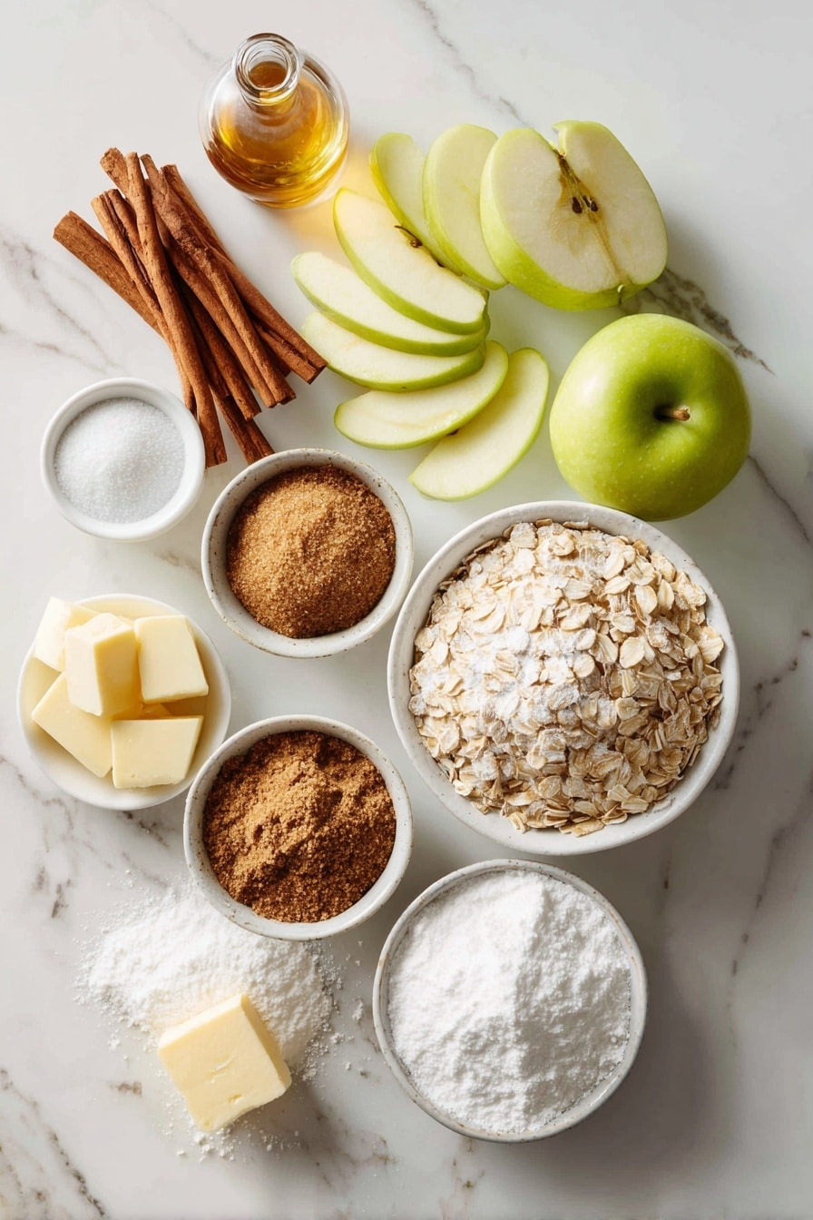 Flat lay of fresh sliced apples with warm cinnamon sticks, a small heap of old fashioned oats, a pile of packed brown sugar, a mound of white granulated sugar, a stick of melted butter, a scattering of all-purpose flour, and a bottle of vanilla extract, beautifully arranged with soft natural light and vibrant colors, placed on a white marble surface, photo taken with an iphone --ar 2:3 --v 7 - The Best Apple Crisp, apple crisp dessert, cinnamon apple crisp, easy apple crisp, comforting fall desserts