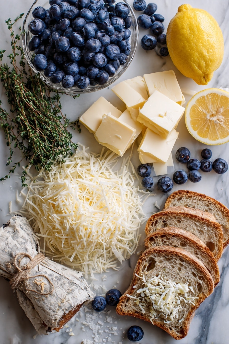 Flat lay of fresh blueberries spilling out of a small pile, a bright lemon cut in half showing its juicy interior, a small bundle of fresh lemon thyme tied with kitchen twine, heaps of shredded white cheddar and mozzarella cheese, thick slices of rustic sourdough bread arranged in an overlapping pattern, a few pats of creamy butter placed neatly, and a sprinkle of flaky sea salt crystals scattered around, all beautifully arranged on a white marble surface, photo taken with an iphone --ar 2:3 --v 7 - Crispy Blueberry Lemon Thyme Grilled Cheese Sandwich, Blueberry Lemon Thyme Grilled Cheese, Gourmet Blueberry Lemon Sandwich, Fruit-infused Grilled Cheese, Unique Cheese Sandwich Recipes