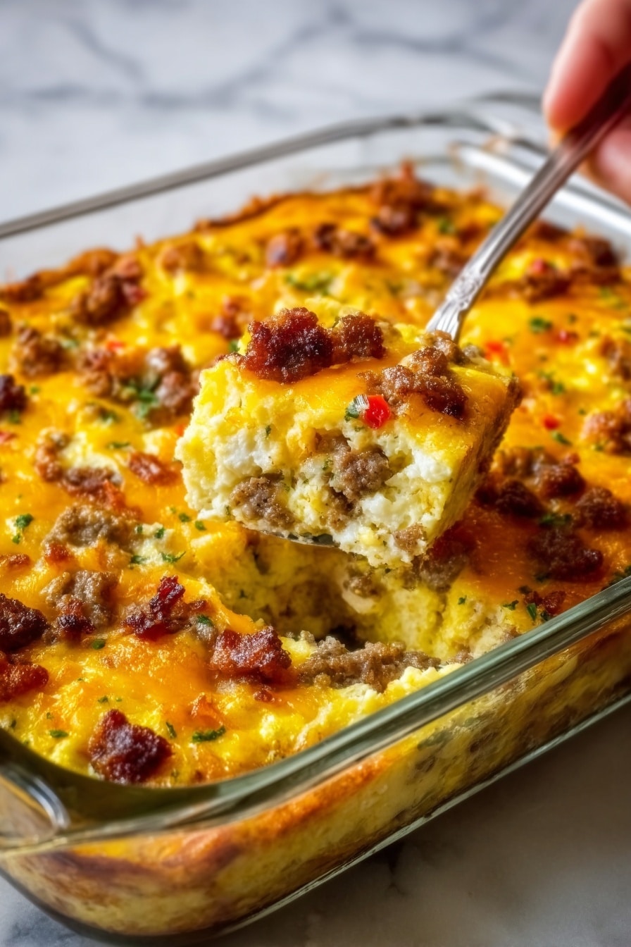A clear glass baking dish filled with a layered casserole sits on a white marbled surface. The top layer is golden yellow melted cheese with crispy browned edges. Scattered on top are small chunks of browned sausage and bits of red pepper. The layer beneath shows a mix of scrambled eggs with bits of green herbs and melted cheese blending together. A woman's hand is holding a spoon scooping up a serving, showing the soft and fluffy texture inside with some browned sausage and melted cheese. Photo taken with an iphone --ar 2:3 --v 7 - Crack Breakfast Casserole, breakfast casserole recipes, easy morning dishes, cheesy breakfast ideas, savory brunch casserole
