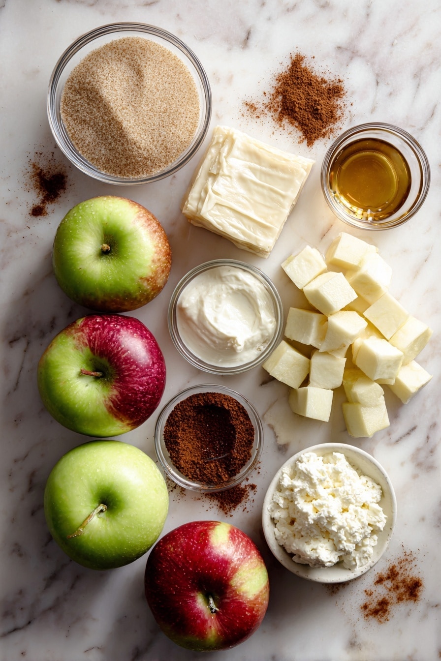 Flat lay of chopped red and green apples, golden melted butter, warm brown sugar crystals, rich cinnamon powder, creamy white ricotta cheese dollop, smooth vanilla extract in a small glass container, a sheet of flaky puff pastry, and a sprinkle of cinnamon sugar crystals artfully scattered, all placed on a white marble surface, photo taken with an iphone --ar 2:3 --v 7 - Apple Cinnamon Puff Pastry Braid, apple cinnamon dessert, puff pastry breakfast idea, easy fruit pastry, flaky apple pastry