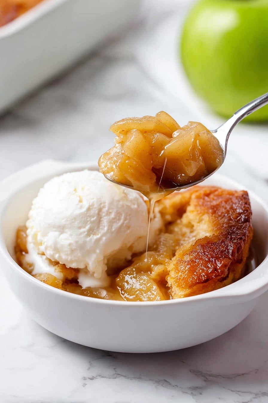 A white bowl on a white marbled surface holds a warm dessert with two main layers: the bottom layer is a golden-brown baked crust that looks crispy and soft inside, and the top layer is a white scoop of creamy ice cream. A silver spoon, held by a woman's hand, scoops up a bite showing soft, caramelized apple pieces with a shiny glaze. In the background, there is a green apple slightly blurred. photo taken with an iphone --ar 2:3 --v 7 - Easy Apple Dumplings with Mountain Dew Caramel Sauce, apple dumplings with mountain dew, quick apple dessert, caramel apple dessert, foolproof apple pie alternatives