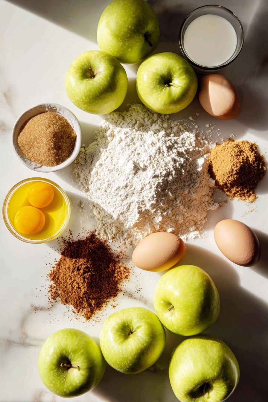 Flat lay of peeled and grated green Granny Smith apples, a small pile of golden brown sugar, a scattering of warm ground cinnamon and nutmeg powders, bright raw eggs with smooth shells, a small pool of melted butter in rich yellow hues, a mound of fine all-purpose flour, and a glass of creamy buttermilk, all beautifully arranged with natural light highlighting their textures, placed on a white marble surface, photo taken with an iphone --ar 2:3 --v 7 - Apple Pancakes, cinnamon apple pancakes, fluffy apple pancakes, easy apple pancake recipe, breakfast with apples