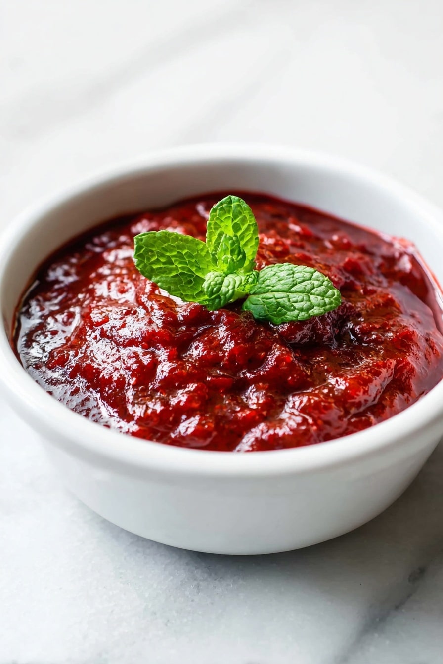 A small white bowl filled with a thick, chunky deep red sauce that has a shiny, slightly textured surface. On top of the sauce, there are three fresh green mint leaves placed in the center for decoration. The bowl sits on a white marbled surface, and the photo captures the dish up close, highlighting the sauce's rich and vibrant color and texture. photo taken with an iphone --ar 2:3 --v 7 - Instant Pot Cranberry Sauce with Orange Zest and Vanilla, quick cranberry sauce, holiday cranberry sauce, easy Instant Pot sauce, fresh citrus cranberry recipe