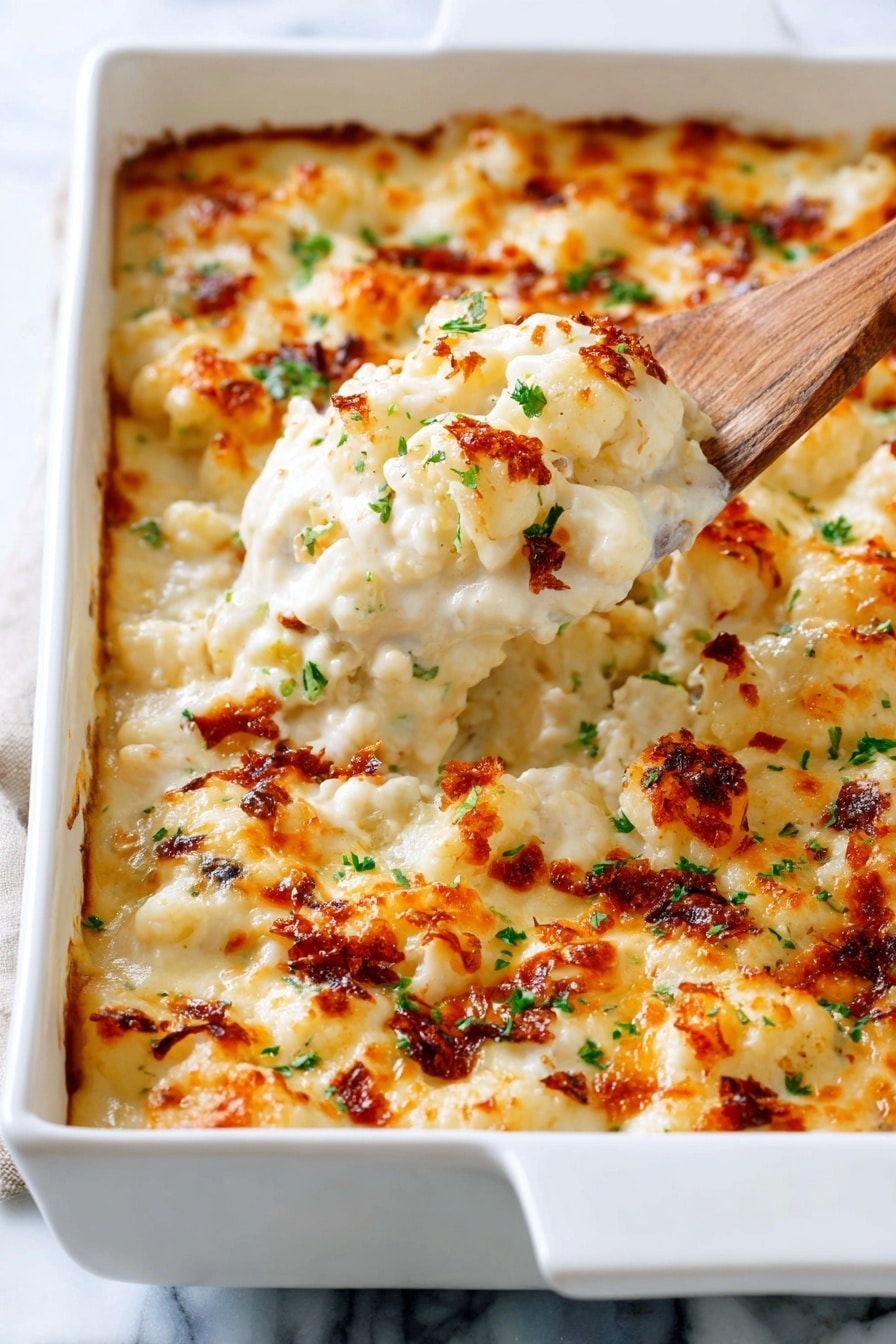 A white rectangular baking dish filled with creamy macaroni and cheese showing two layers: the bottom layer is a pale yellow creamy sauce mixed with cooked elbow macaroni, soft and smooth in texture, while the top layer is golden brown melted cheese with patches of dark brown crispy baked cheese, sprinkled with small pieces of crispy bacon and green herbs. A wooden spoon is scooping out a portion from the corner, showing gooey cheese stretching slightly. The dish sits on a white marbled surface with a linen cloth beside it. Photo taken with an iphone --ar 2:3 --v 7 - Cauliflower Casserole with Cream Cheese, Bacon, and Mozzarella, keto cauliflower casserole, cheesy cauliflower bake, low-carb cauliflower recipes, bacon cauliflower casserole