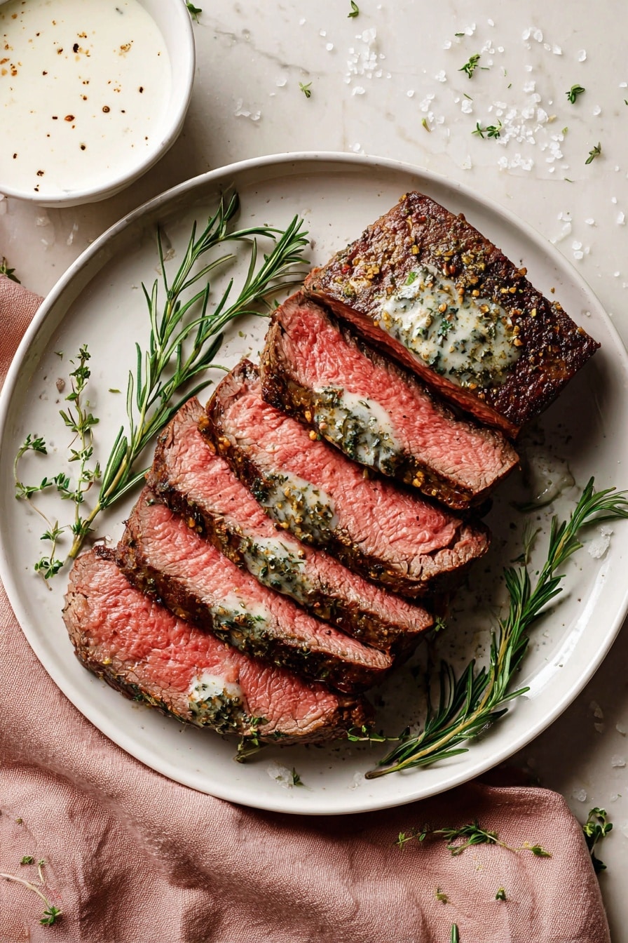 A white plate holds a tender medium-rare steak sliced into seven thick pieces arranged in a curved row, showing a pink inside with a browned seared outside; the top of the steak is topped with a green herb and garlic butter sauce that looks melted and glossy. Small sprigs of fresh rosemary decorate around the steak. To the top left, there is a white bowl filled with creamy white sauce garnished with small green herbs and black pepper. The plate and bowl sit on a soft pink cloth over a white marbled surface sprinkled with coarse salt and small green herbs. Photo taken with an iphone --ar 2:3 --v 7 - Garlic Butter Herb Beef Tenderloin, beef tenderloin with garlic and herbs, elegant beef centerpiece, easy gourmet beef recipe, tender beef dinner ideas