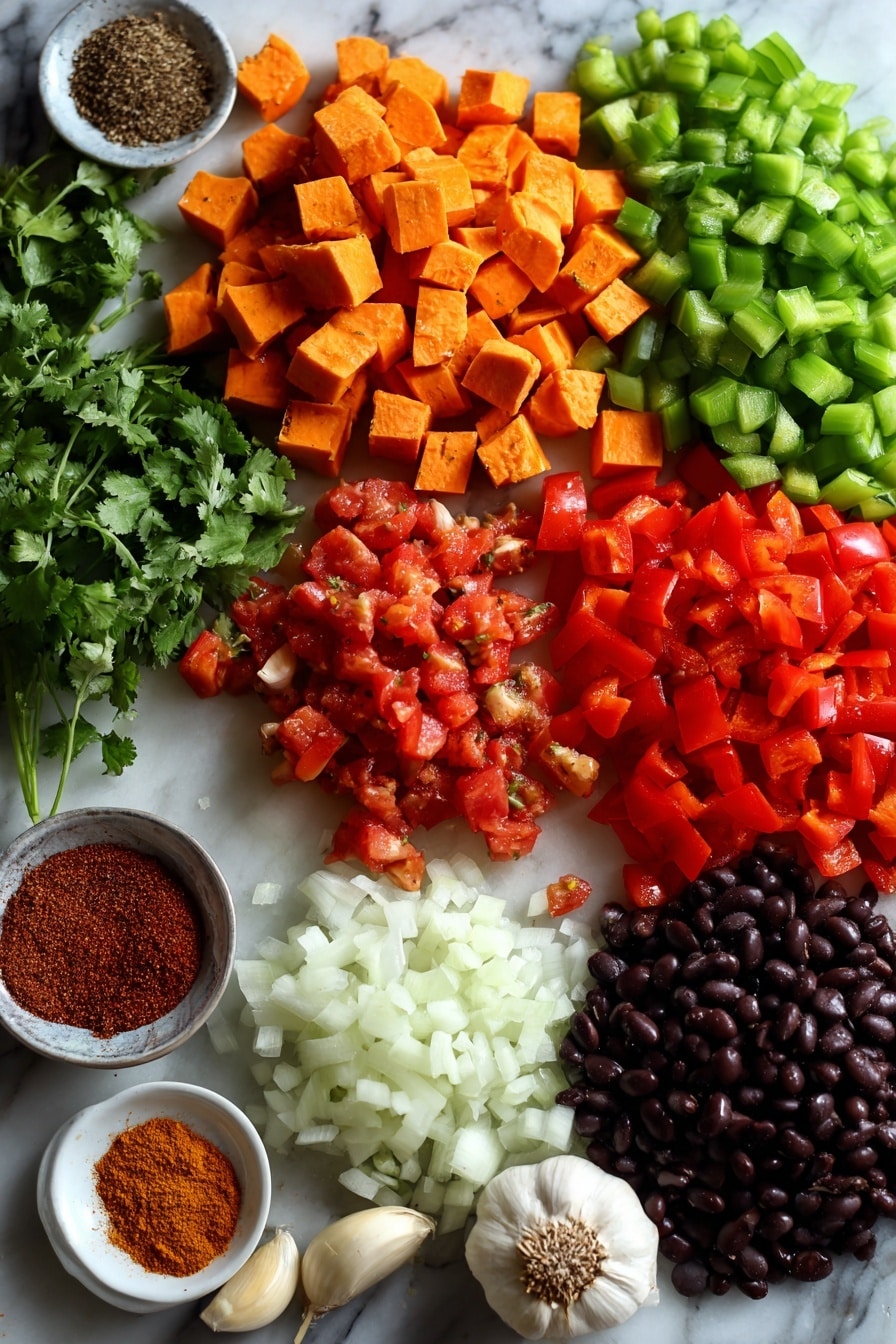 Flat lay of bright orange diced sweet potatoes, shiny red bell pepper pieces, vibrant green celery sticks, rich red diced tomatoes, dark black beans, fresh green chopped cilantro, finely diced white onions, peeled garlic cloves, and colorful ground spices including paprika and cumin, all beautifully arranged on a white marble surface, photo taken with an iphone --ar 2:3 --v 7 - Sweet Potato Chili, healthy chili recipes, hearty vegetarian chili, easy spicy chili, flavorful chili with sweet potatoes
