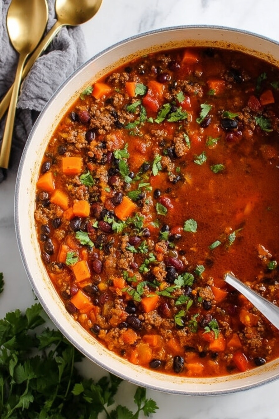 A white pot filled with a thick stew that has several layers visible. The base layer is a deep orange-red broth that looks rich and slightly oily. Floating in the stew are small chunks of bright orange carrots, black beans, and pieces of browned ground meat scattered evenly on the top layer. Small bits of green herbs are sprinkled across the surface, adding a fresh touch. A silver spoon rests inside the pot on the right side, partially immersed in the stew. The pot is placed on a white marbled surface, with a gold spoon and some fresh green herbs seen on the side. Photo taken with an iphone --ar 2:3 --v 7 - Sweet Potato Chili, healthy chili recipes, hearty vegetarian chili, easy spicy chili, flavorful chili with sweet potatoes