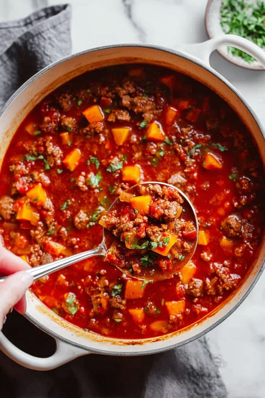 The image shows a white pot filled with a rich red stew made of small brown meat pieces and orange diced vegetables, with some green herbs sprinkled on top. A silver spoon is partially dipped into the stew, resting near the edge of the pot, ready to scoop. A woman's hand is seen holding the spoon, lifting a portion of the stew. The pot sits on a white marbled surface with a grey cloth partially visible on the side. photo taken with an iphone --ar 2:3 --v 7 - Butternut Squash Chili, hearty chili with butternut squash, healthy chili recipes, easy vegetarian chili, spicy squash chili