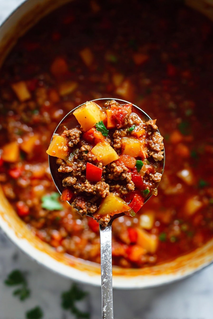 A close-up shot of a large metal spoon filled with a thick and chunky stew shows three main layers: the bottom layer is a rich reddish-brown sauce, the middle layer has small pieces of soft yellow and orange vegetables like potatoes and carrots, and the top layer contains browned ground meat mixed with diced red and green peppers and onions. The spoon is held above a white pot filled with the same stew, sitting on a white marbled surface, with a few small bits of fresh green herbs scattered around. The photo taken with an iphone --ar 2:3 --v 7 - Butternut Squash Chili, hearty chili with butternut squash, healthy chili recipes, easy vegetarian chili, spicy squash chili