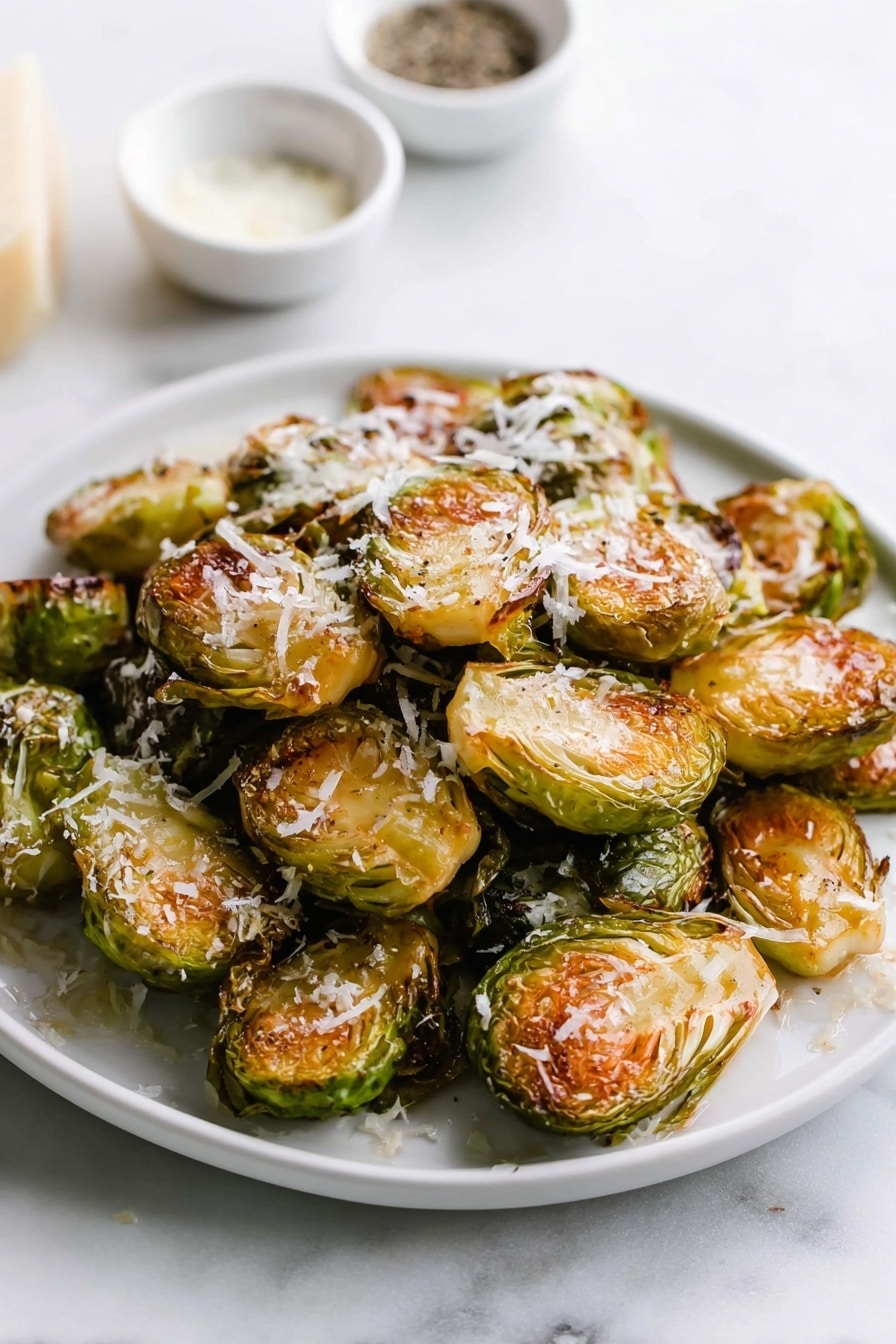 A white plate shows a pile of roasted Brussels sprouts that are cut in half, with a golden-brown color on the flat sides and green on the outer leaves. The sprouts look slightly crispy and are topped with small white cheese shavings scattered unevenly. The plate sits on a white marbled surface, and two small white bowls are blurred in the background, one with more cheese and the other with black pepper. The image is focused on the Brussels sprouts, highlighting their texture and light roasting marks photo taken with an iphone --ar 2:3 --v 7 - Garlic Parmesan Roasted Brussels Sprouts, Roasted Brussels Sprouts with Garlic and Parmesan, Easy Brussels Sprouts Side Dish, Healthy Roasted Brussels Sprouts, Breezy Holiday Side Dish