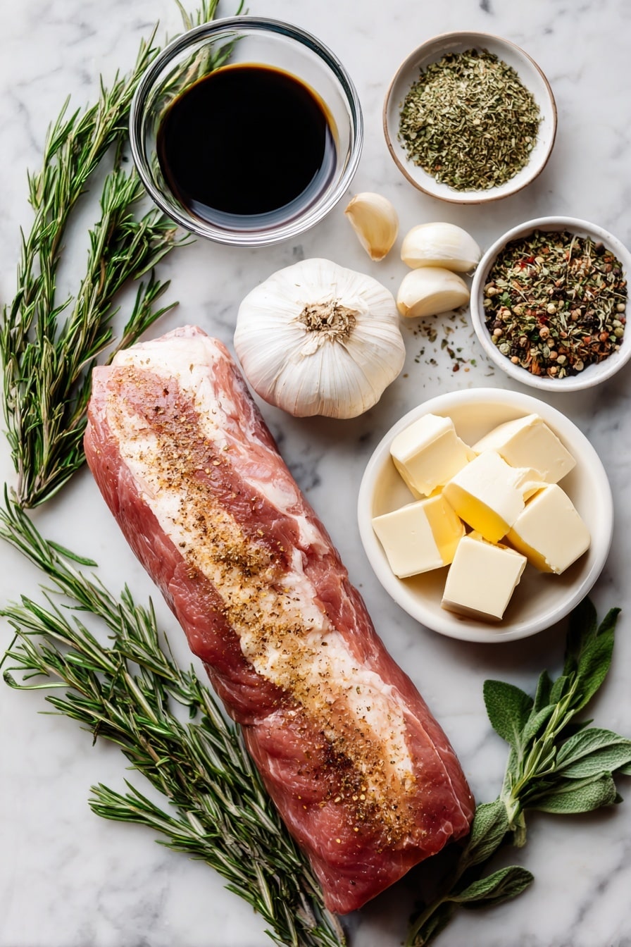 Flat lay of a raw pork tenderloin roast with a golden-brown seared crust alongside sprigs of fresh rosemary, several peeled garlic cloves, a small bowl of thick balsamic vinegar, a mix of dried herbs including basil, oregano, thyme, and Italian seasoning, and a few cubes of creamy butter, all beautifully arranged on a white marble surface, photo taken with an iphone --ar 2:3 --v 7 - Roasted Pork Tenderloin with Balsamic Herb Sauce, pork tenderloin recipe, balsamic herb sauce, elegant pork dinner, easy pork recipes
