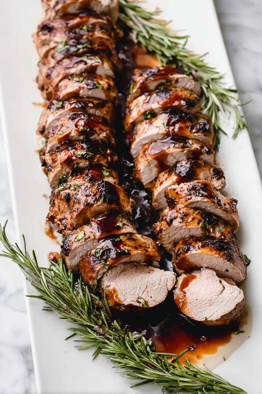 A white rectangular platter holds two rows of sliced, grilled pork tenderloin pieces arranged lengthwise, each piece showing a brown, slightly charred outside with a juicy, light pinkish interior. The tenderloins are glazed with a shiny dark sauce that pools slightly on the platter, and fresh green rosemary sprigs lie underneath and alongside the meat, adding a touch of color and freshness. The platter sits on a white marbled surface that softly contrasts with the rich colors of the pork and herbs. photo taken with an iphone --ar 2:3 --v 7 - Roasted Pork Tenderloin with Balsamic Herb Sauce, pork tenderloin recipe, balsamic herb sauce, elegant pork dinner, easy pork recipes