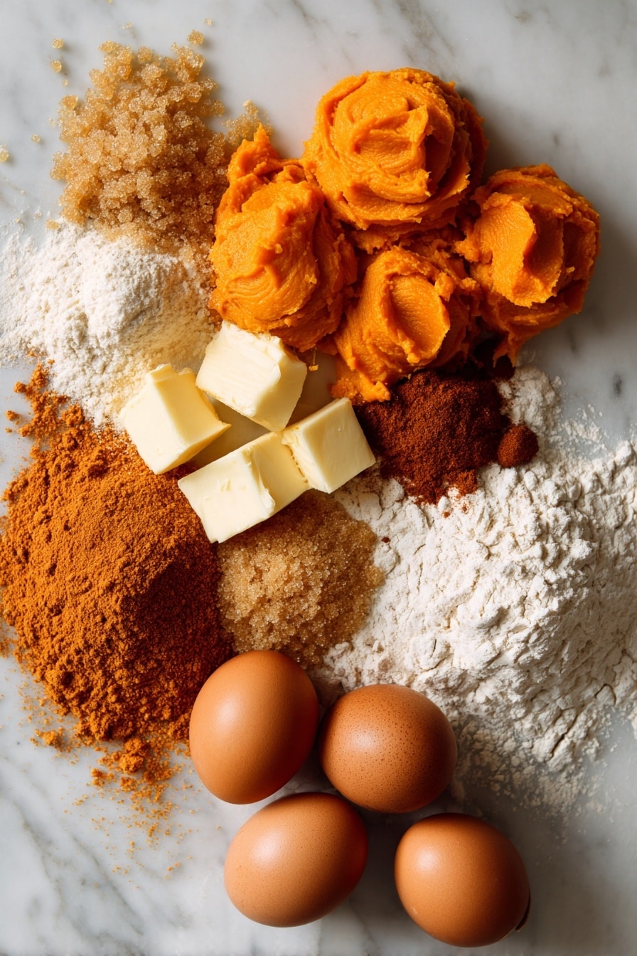 Flat lay of bright orange pumpkin puree dolloped in smooth scoops, soft pale yellow chunks of butter, a heaping pile of golden brown sugar, a mound of warm cinnamon and pumpkin pie spice powder, light beige all-purpose flour dusted loosely, deep amber brown sugar crystals, rich golden vegetable oil glistening, and glossy large brown eggs delicately arranged, placed on a white marble surface, photo taken with an iphone --ar 2:3 --v 7 - Pumpkin Coffee Cake with Cinnamon Streusel and Vanilla Drizzle, pumpkin coffee cake, fall coffee cake recipes, pumpkin spice cake, cinnamon streusel dessert