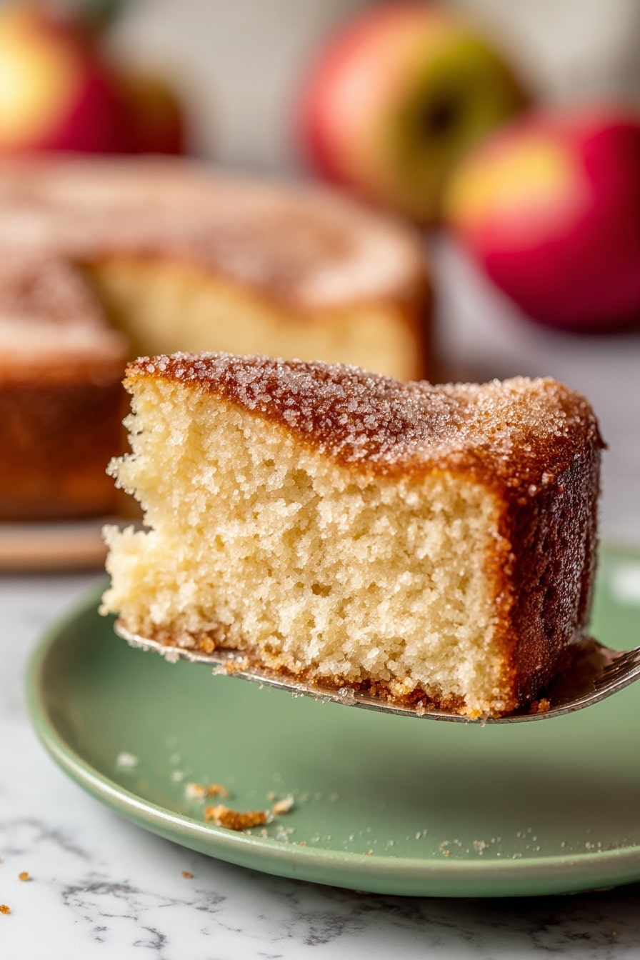 The image shows a close-up of a thick slice of round cake with a golden brown crust covered with a layer of sugar granules. The inside of the cake is light tan, fluffy, and moist with a slightly rough texture. The slice is held up by a metal spatula above a green plate, with another piece of the cake visible on the left side. In the blurred background, there are some red and yellow apples placed on a white marbled surface. The photo taken with an iphone --ar 2:3 --v 7 - Apple Cider Donut Cake, fall dessert recipes, apple cider cake, cinnamon nutmeg cake, cozy autumn desserts